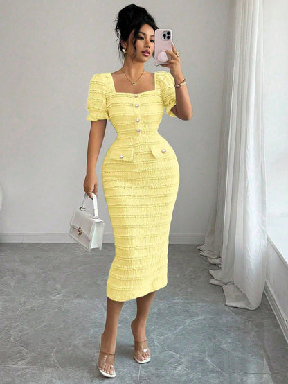Elenzga New Arrival Square Neck Short Sleeve Textured Knit Midi Dress, Elegant Versatile Fitted Silhouette For Women