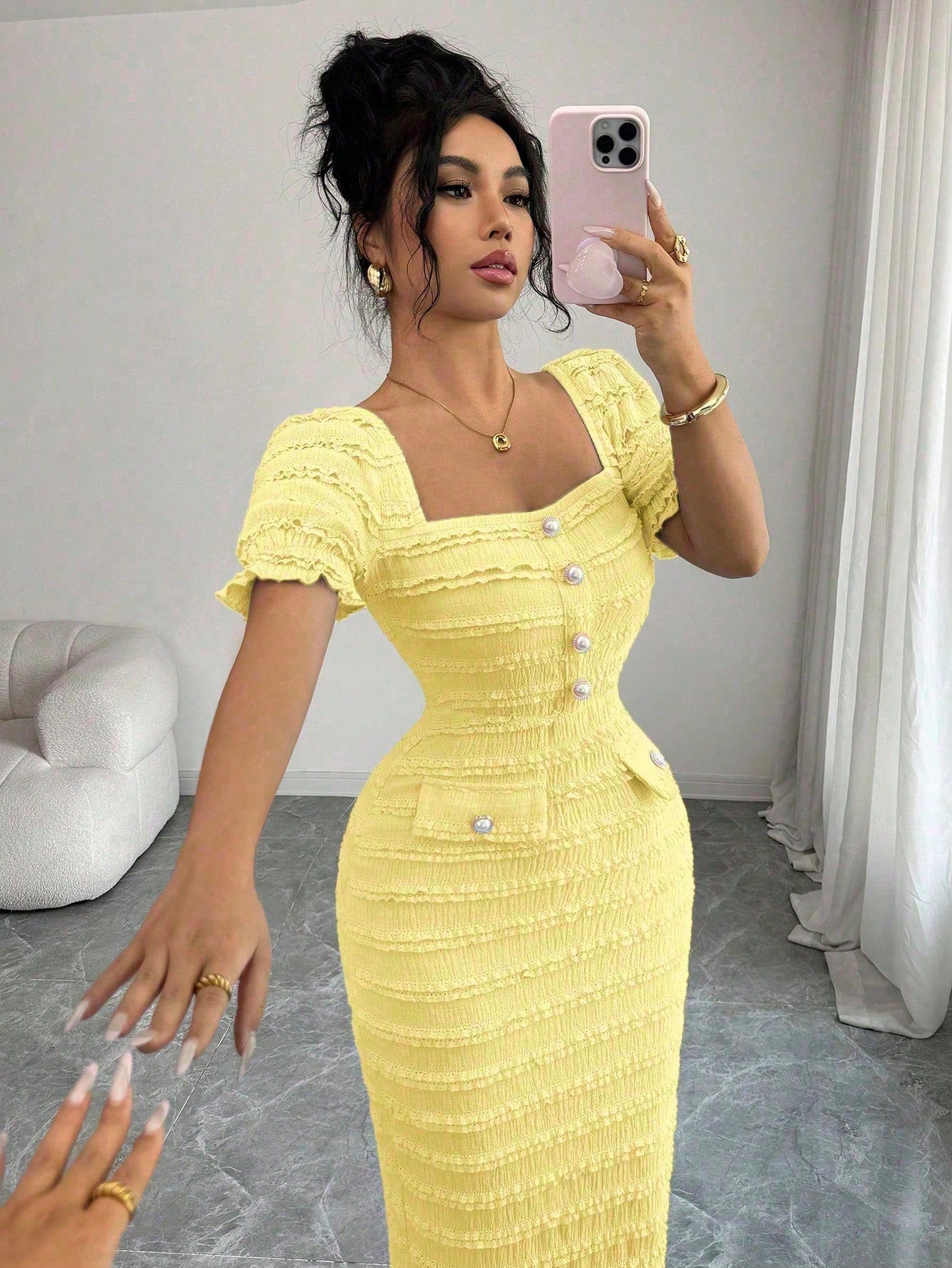 Elenzga New Arrival Square Neck Short Sleeve Textured Knit Midi Dress, Elegant Versatile Fitted Silhouette For Women