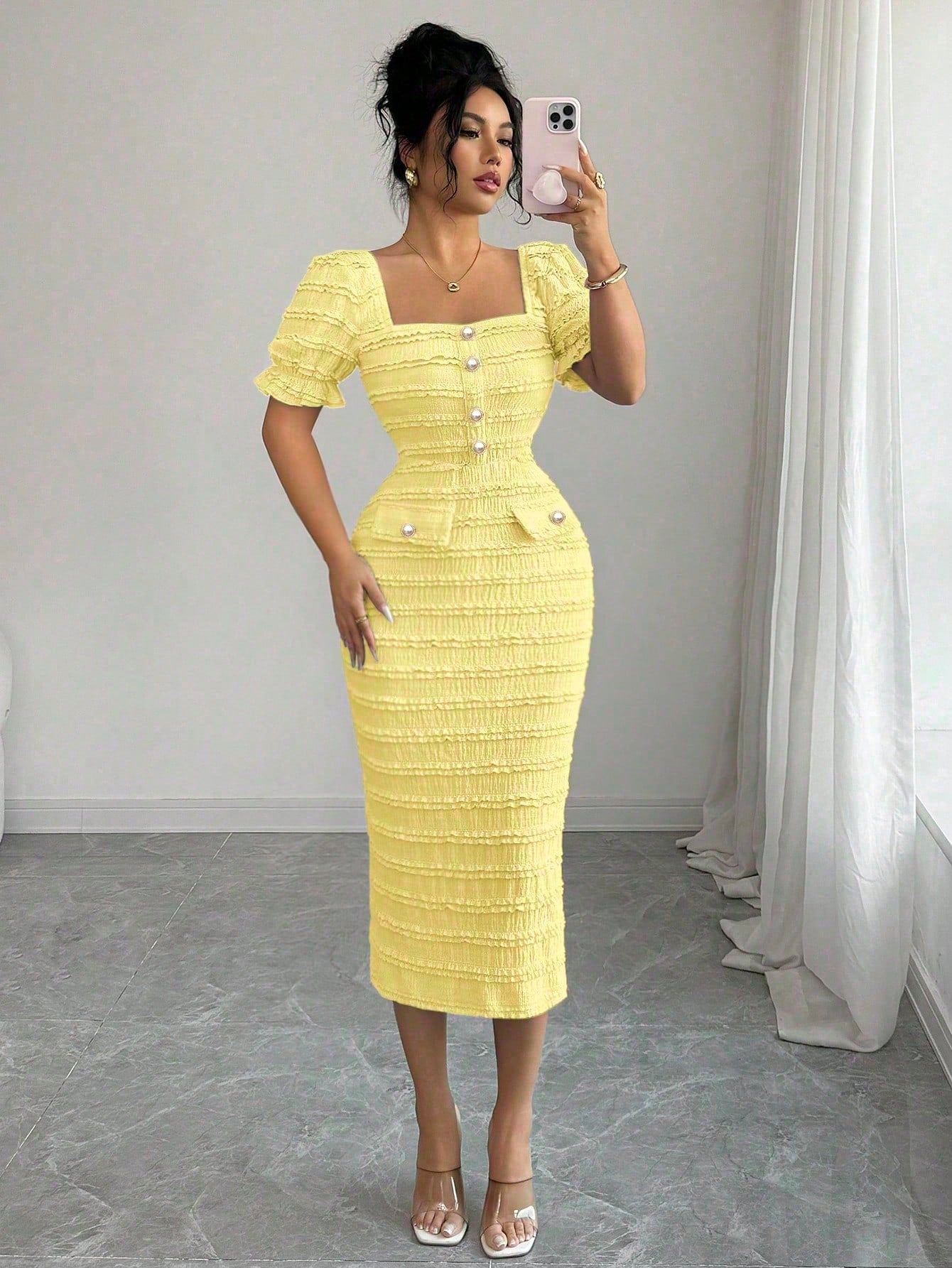 Elenzga New Arrival Square Neck Short Sleeve Textured Knit Midi Dress, Elegant Versatile Fitted Silhouette For Women