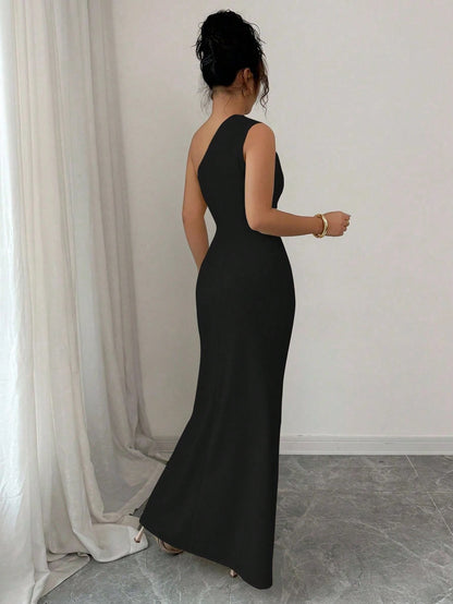 Elenzga Sleeveless Oblique Shoulder Cinched Waist Elegant Romantic Digital Print Women Dress