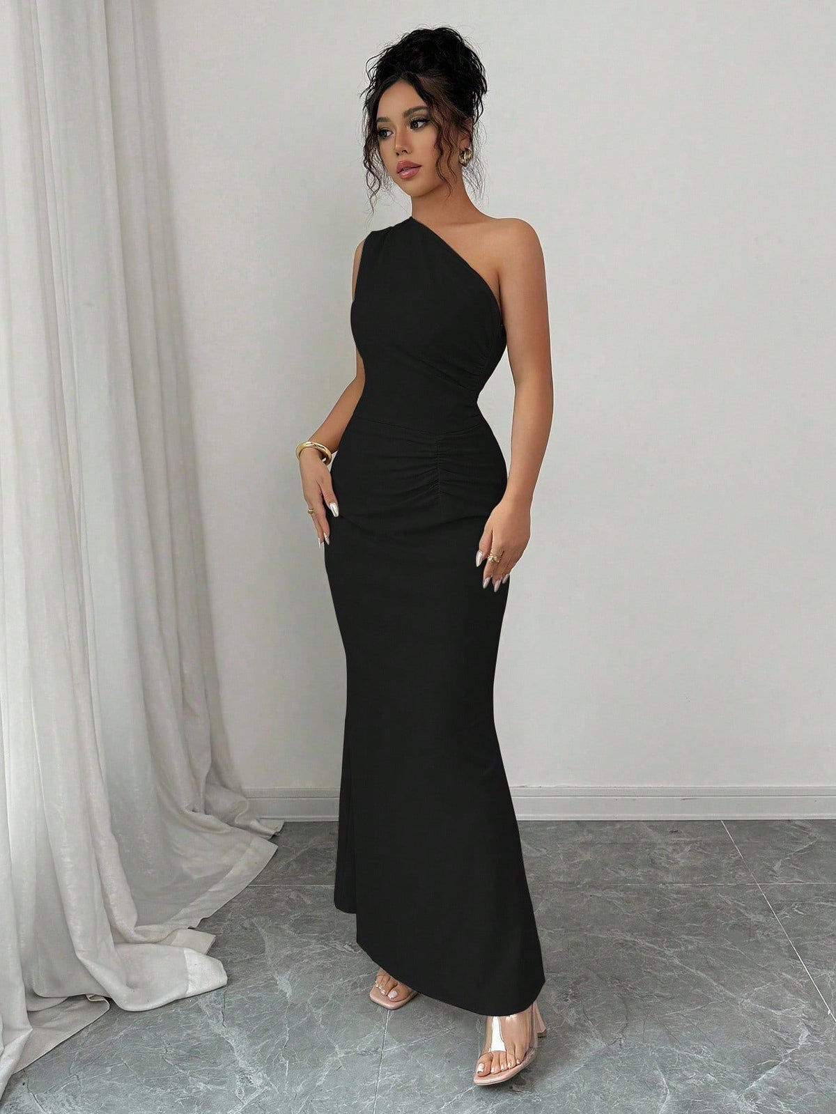Elenzga Sleeveless Oblique Shoulder Cinched Waist Elegant Romantic Digital Print Women Dress