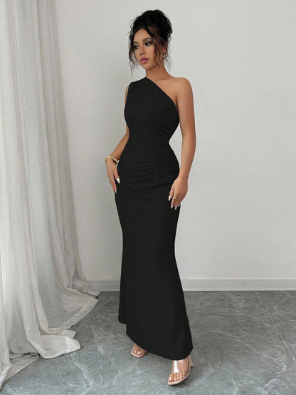 Elenzga Sleeveless Oblique Shoulder Cinched Waist Elegant Romantic Digital Print Women Dress