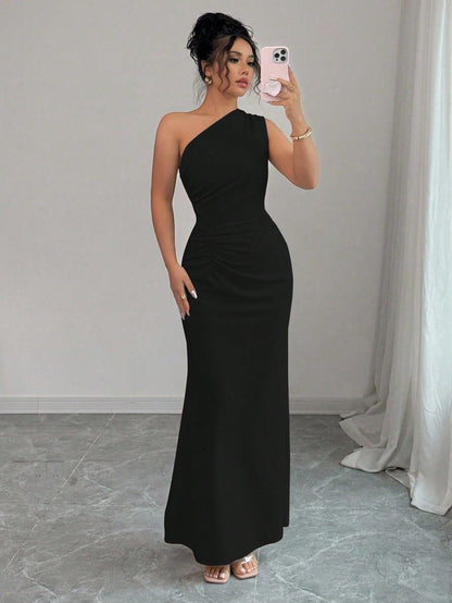 Elenzga Sleeveless Oblique Shoulder Cinched Waist Elegant Romantic Digital Print Women Dress