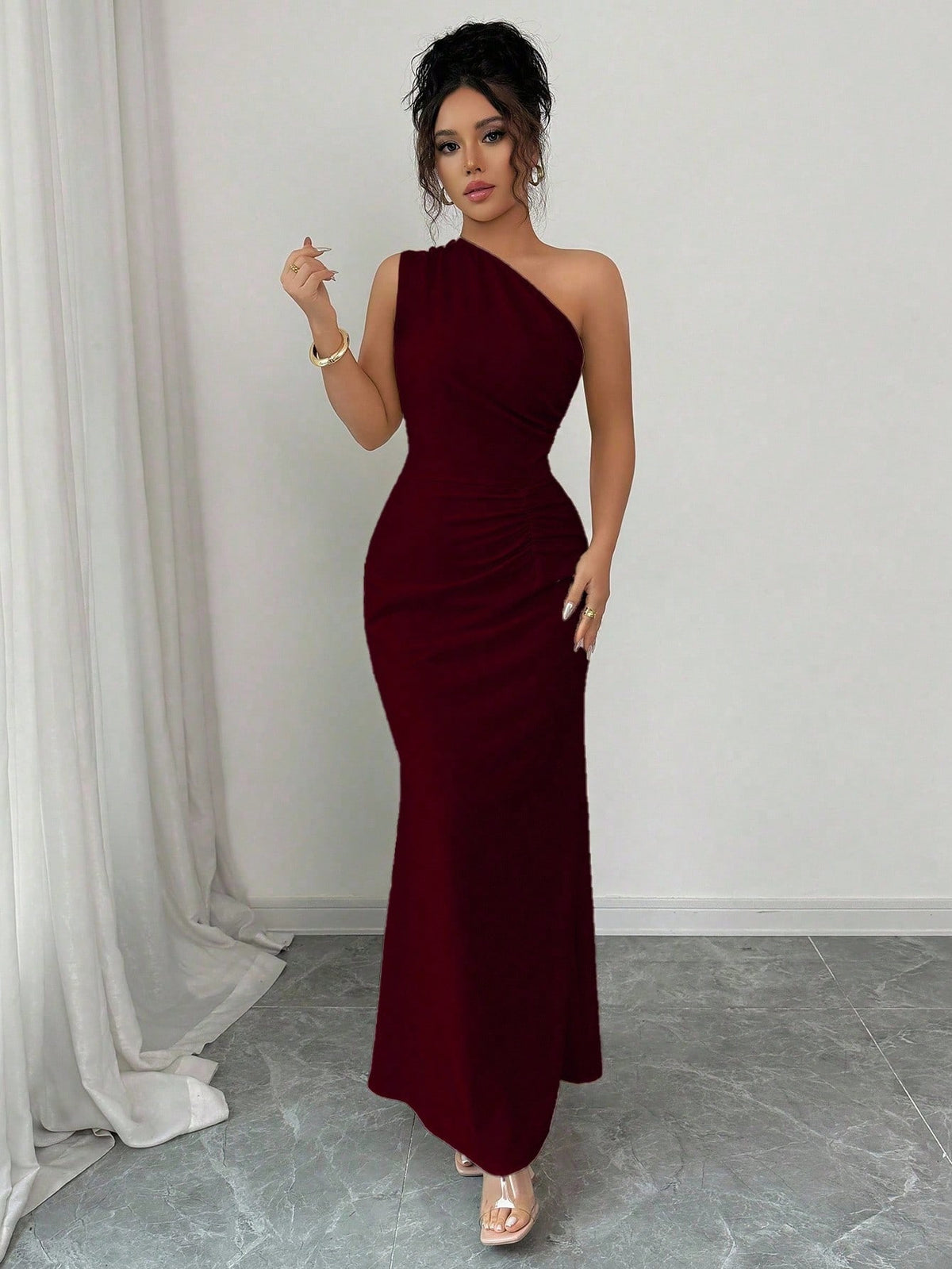 Elenzga Sleeveless Oblique Shoulder Cinched Waist Elegant Romantic Digital Print Women Dress