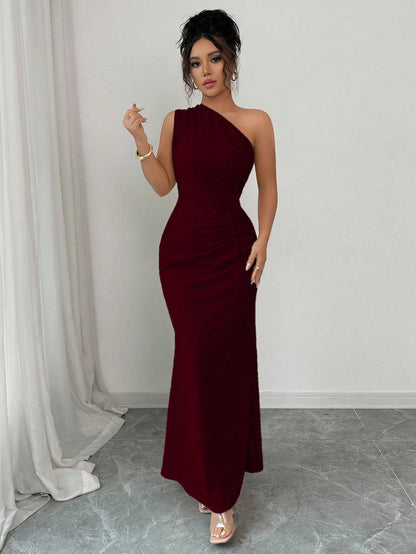 Elenzga Sleeveless Oblique Shoulder Cinched Waist Elegant Romantic Digital Print Women Dress