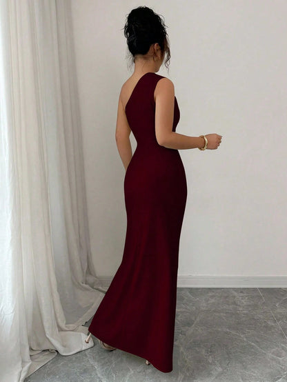 Elenzga Sleeveless Oblique Shoulder Cinched Waist Elegant Romantic Digital Print Women Dress