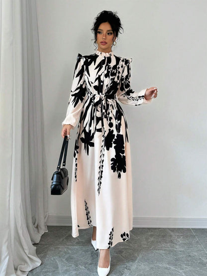 Elenzga Women Floral Print Waist Cinched Dress Maxi Women Outfit Fall Cloth For Women