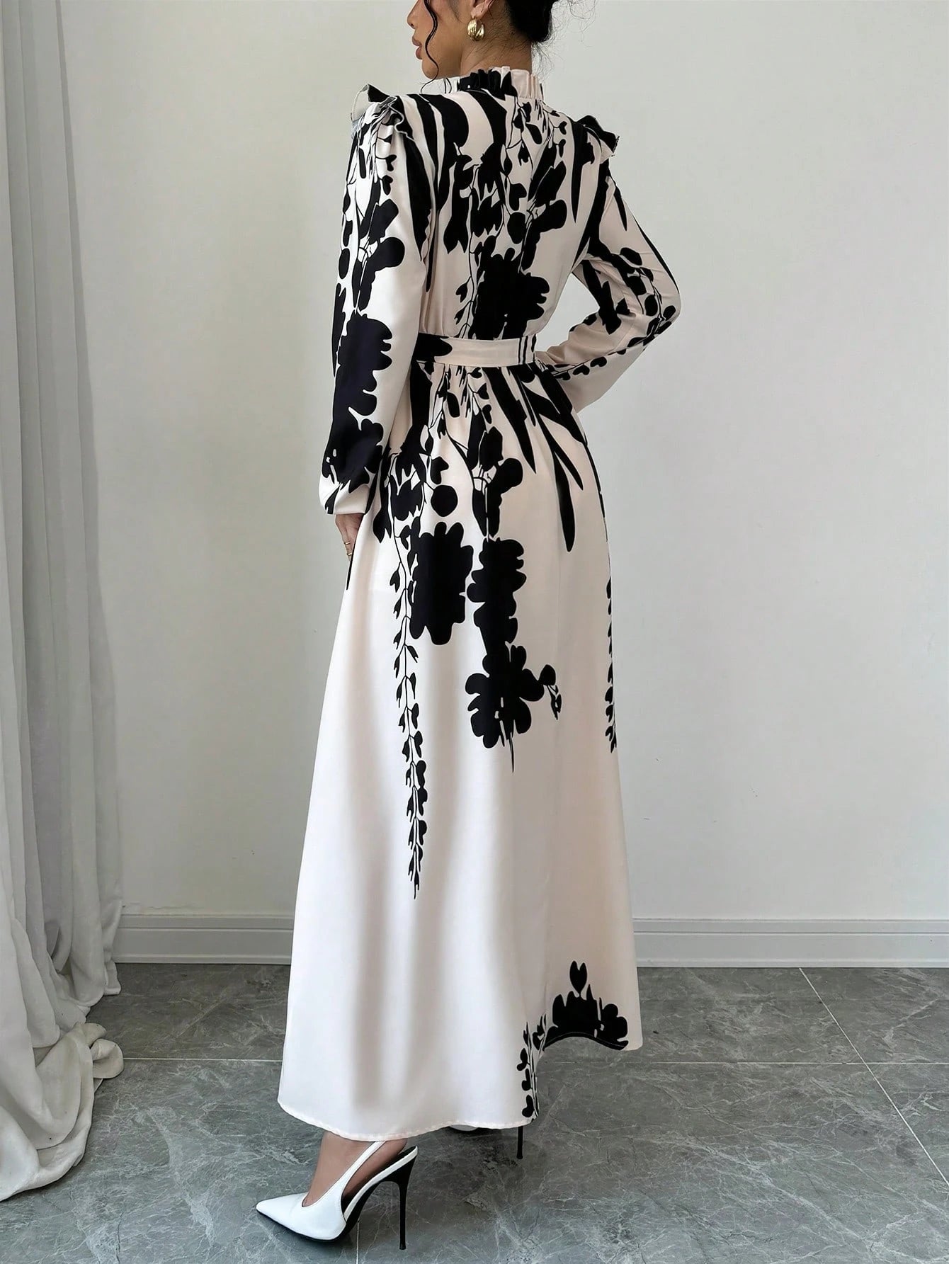 Elenzga Women Floral Print Waist Cinched Dress Maxi Women Outfit Fall Cloth For Women