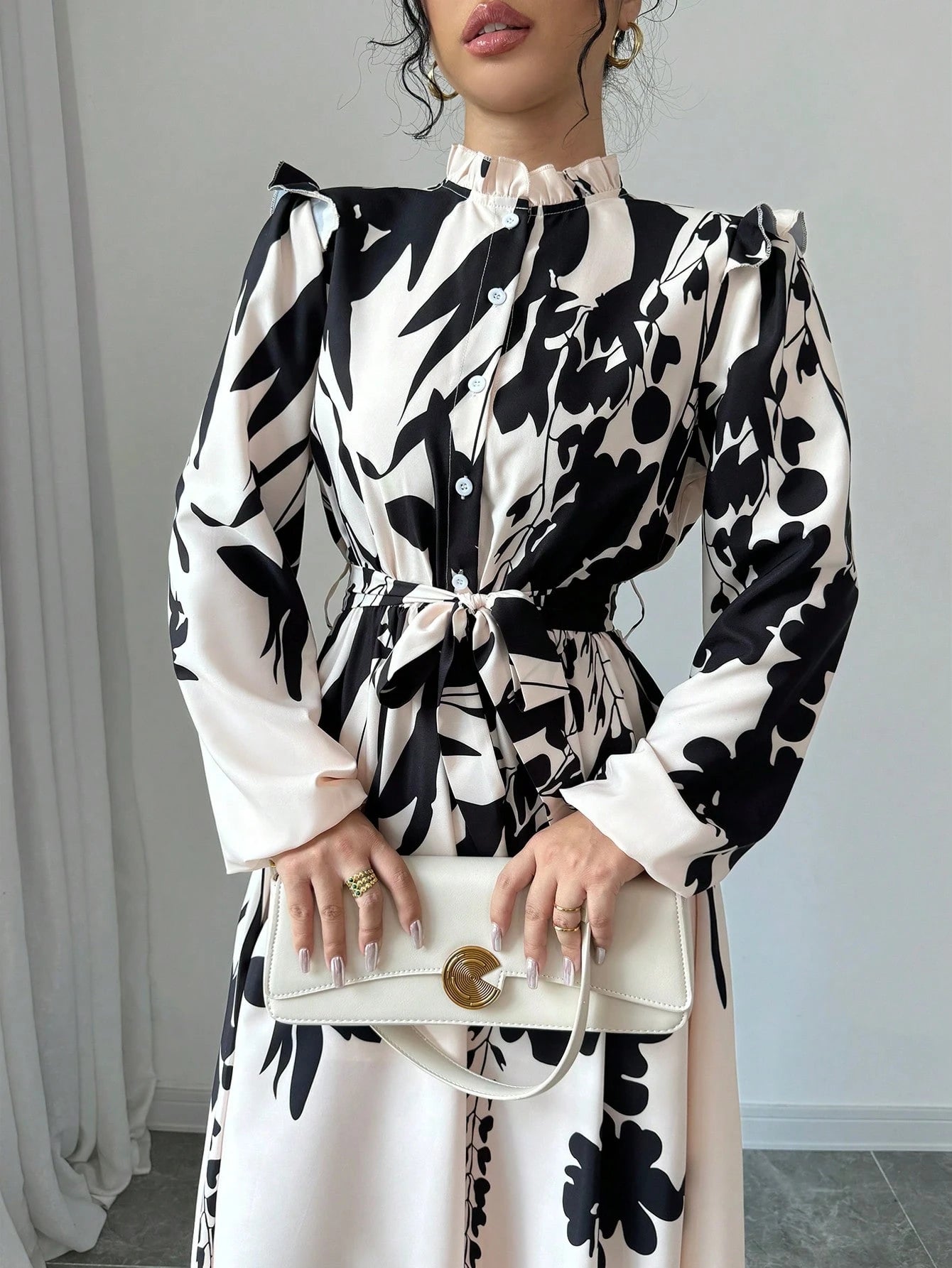 Elenzga Women Floral Print Waist Cinched Dress Maxi Women Outfit Fall Cloth For Women