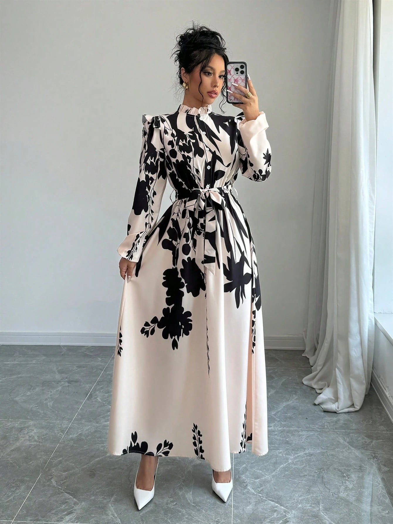 Elenzga Women Floral Print Waist Cinched Dress Maxi Women Outfit Fall Cloth For Women