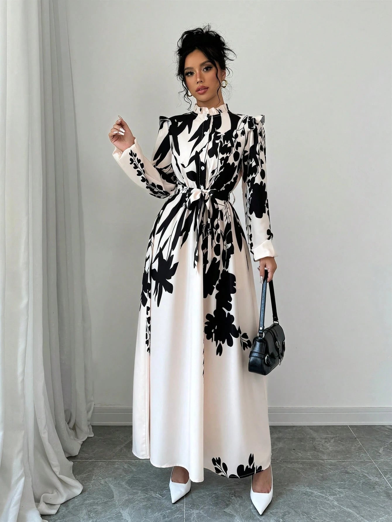 Elenzga Women Floral Print Waist Cinched Dress Maxi Women Outfit Fall Cloth For Women