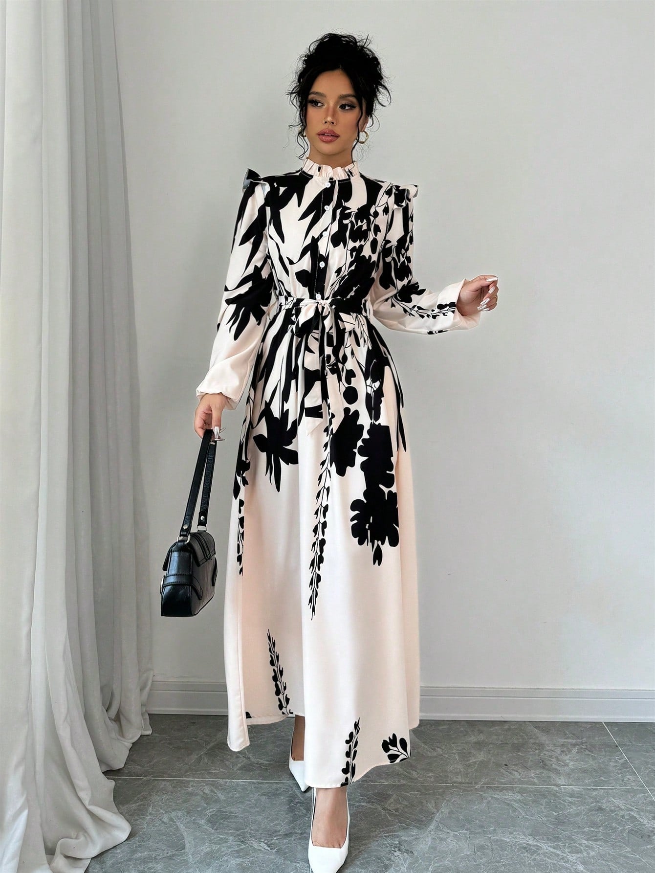 Elenzga Women Floral Print Waist Cinched Dress Maxi Women Outfit Fall Cloth For Women