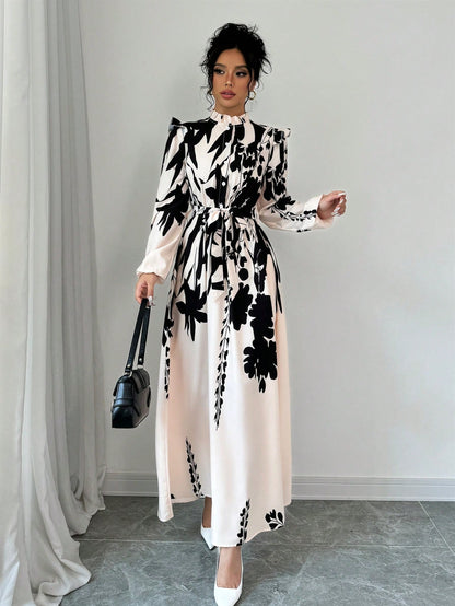 Elenzga Women Floral Print Waist Cinched Dress Maxi Women Outfit Fall Cloth For Women