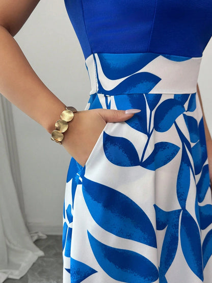 Elenzga Women's Casual Vacation Style Blue Printed Patchwork V-Neck Waist Flared Midi Dress