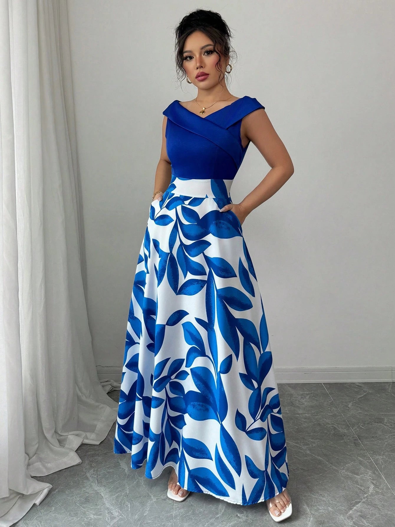 Elenzga Women's Casual Vacation Style Blue Printed Patchwork V-Neck Waist Flared Midi Dress