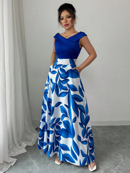 Elenzga Women's Casual Vacation Style Blue Printed Patchwork V-Neck Waist Flared Midi Dress