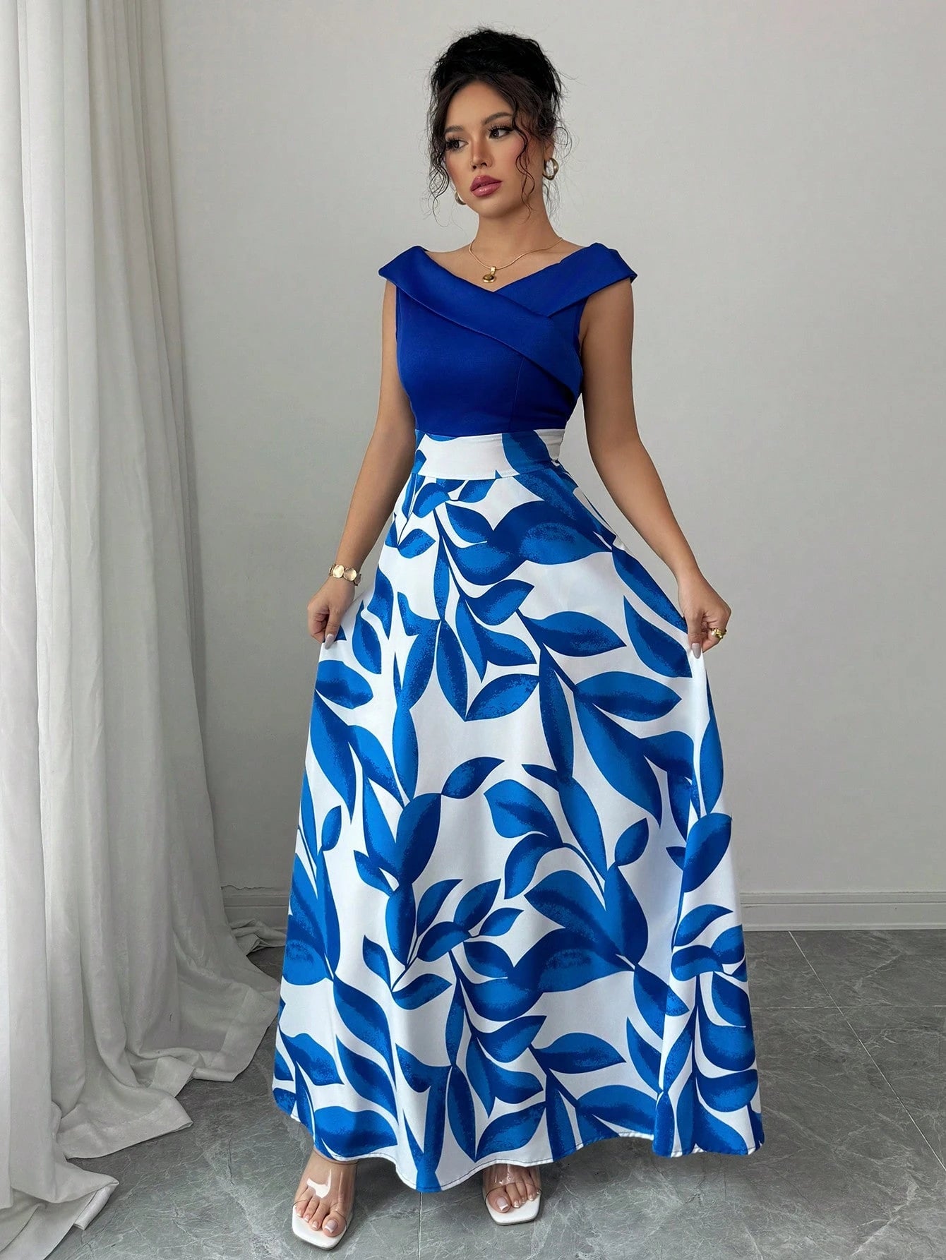 Elenzga Women's Casual Vacation Style Blue Printed Patchwork V-Neck Waist Flared Midi Dress