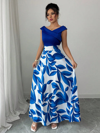 Elenzga Women's Casual Vacation Style Blue Printed Patchwork V-Neck Waist Flared Midi Dress