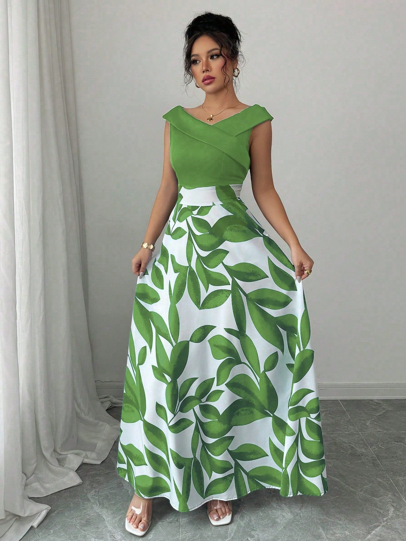 Elenzga Women's Casual Vacation Style Blue Printed Patchwork V-Neck Waist Flared Midi Dress