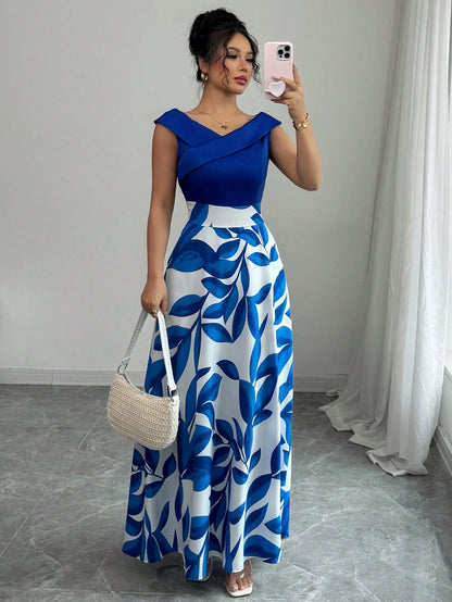 Elenzga Women's Casual Vacation Style Blue Printed Patchwork V-Neck Waist Flared Midi Dress