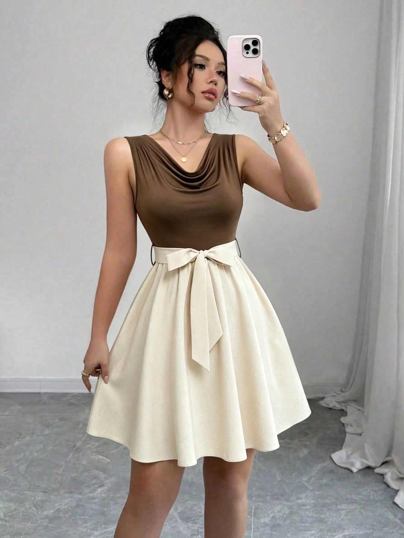 Elenzga Women's Contrast Color Draped Neck Twist Waist Sleeveless Elegant Dress
