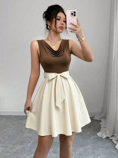 Elenzga Women's Contrast Color Draped Neck Twist Waist Sleeveless Elegant Dress