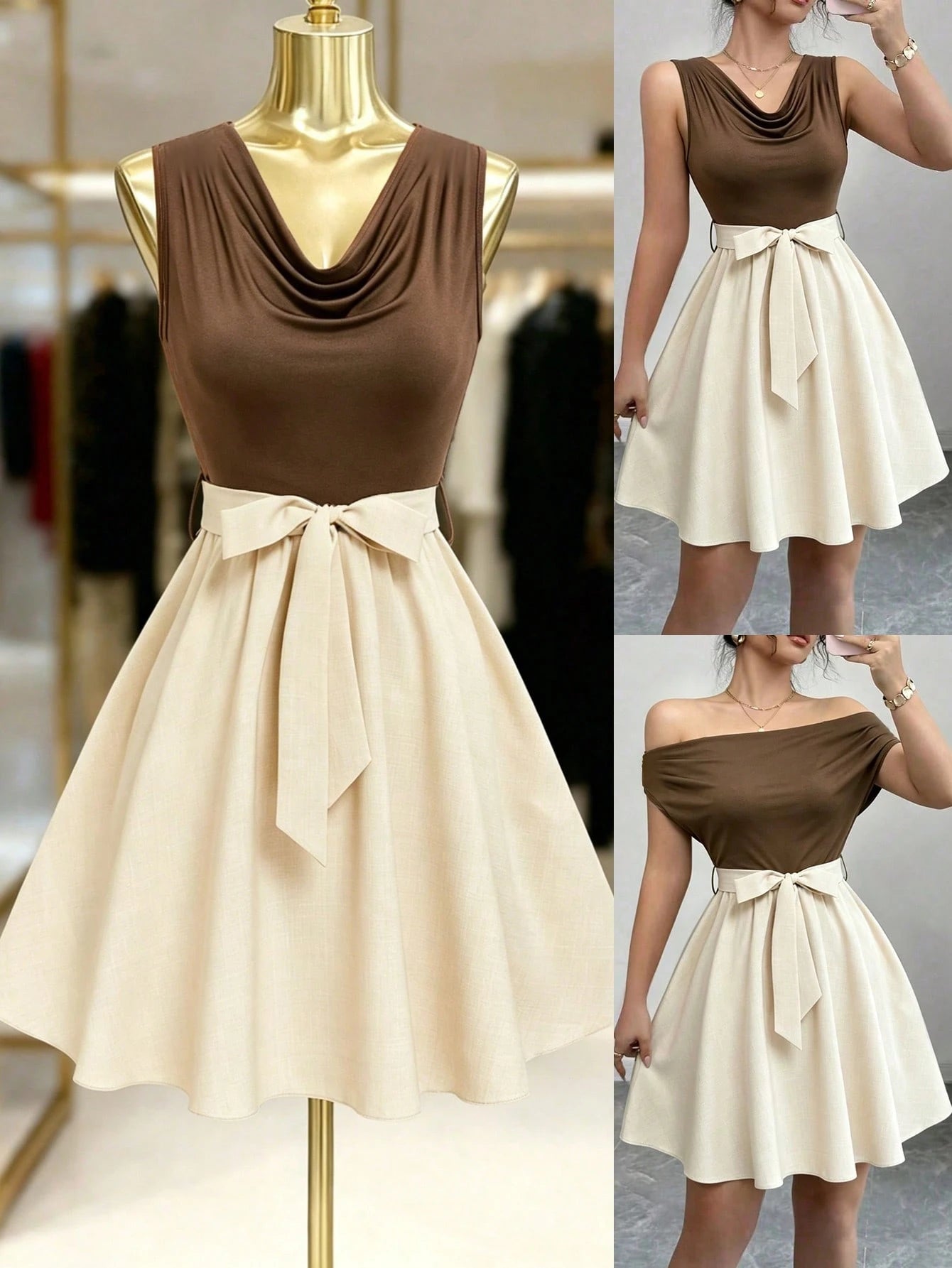 Elenzga Women's Contrast Color Draped Neck Twist Waist Sleeveless Elegant Dress