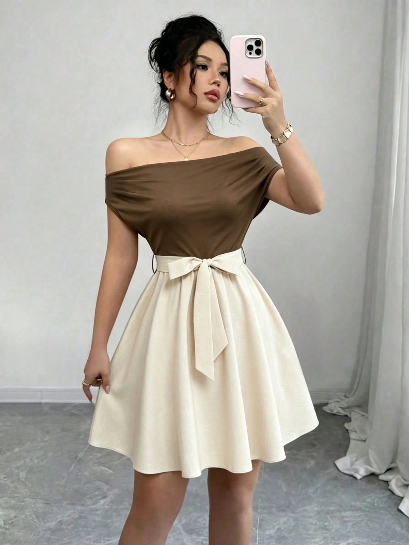 Elenzga Women's Contrast Color Draped Neck Twist Waist Sleeveless Elegant Dress