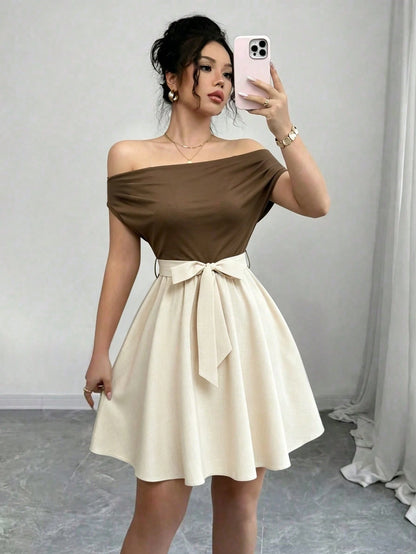 Elenzga Women's Contrast Color Draped Neck Twist Waist Sleeveless Elegant Dress