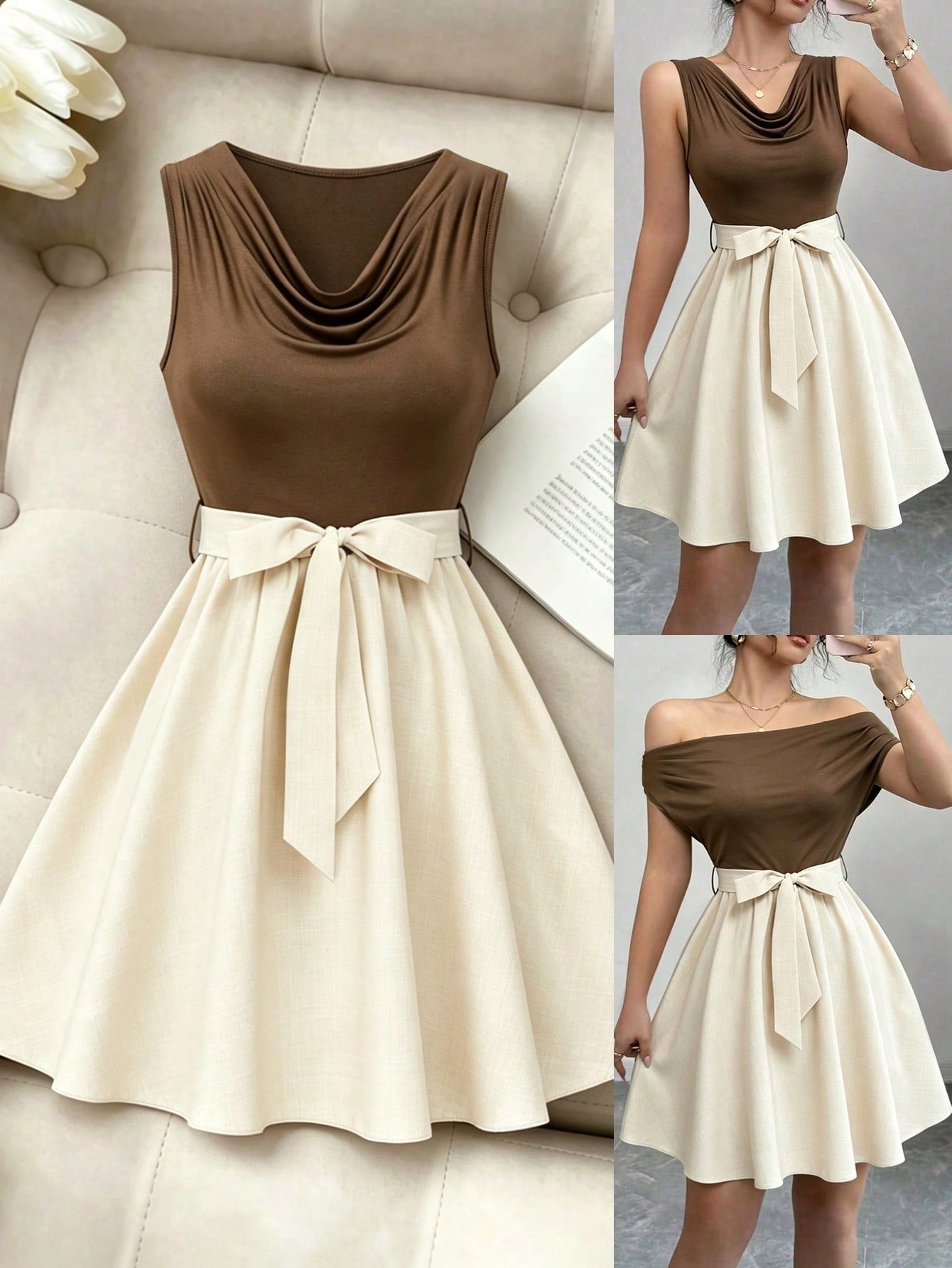 Elenzga Women's Contrast Color Draped Neck Twist Waist Sleeveless Elegant Dress