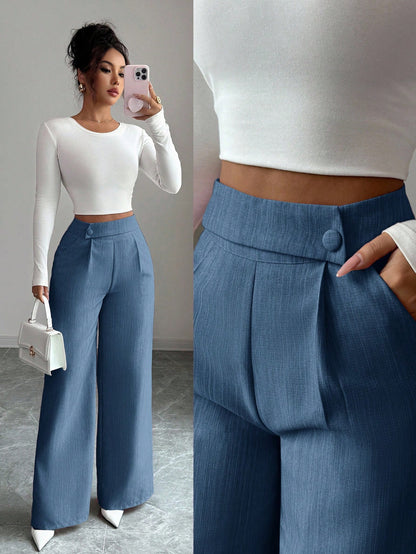 Elenzga Women's Dusty Blue Summer Casual Elegant Office Loose Flowy Straight Leg Pants,Bamboo Fabric Waist Overlay Button Decor Design Teacher Uniform Pants