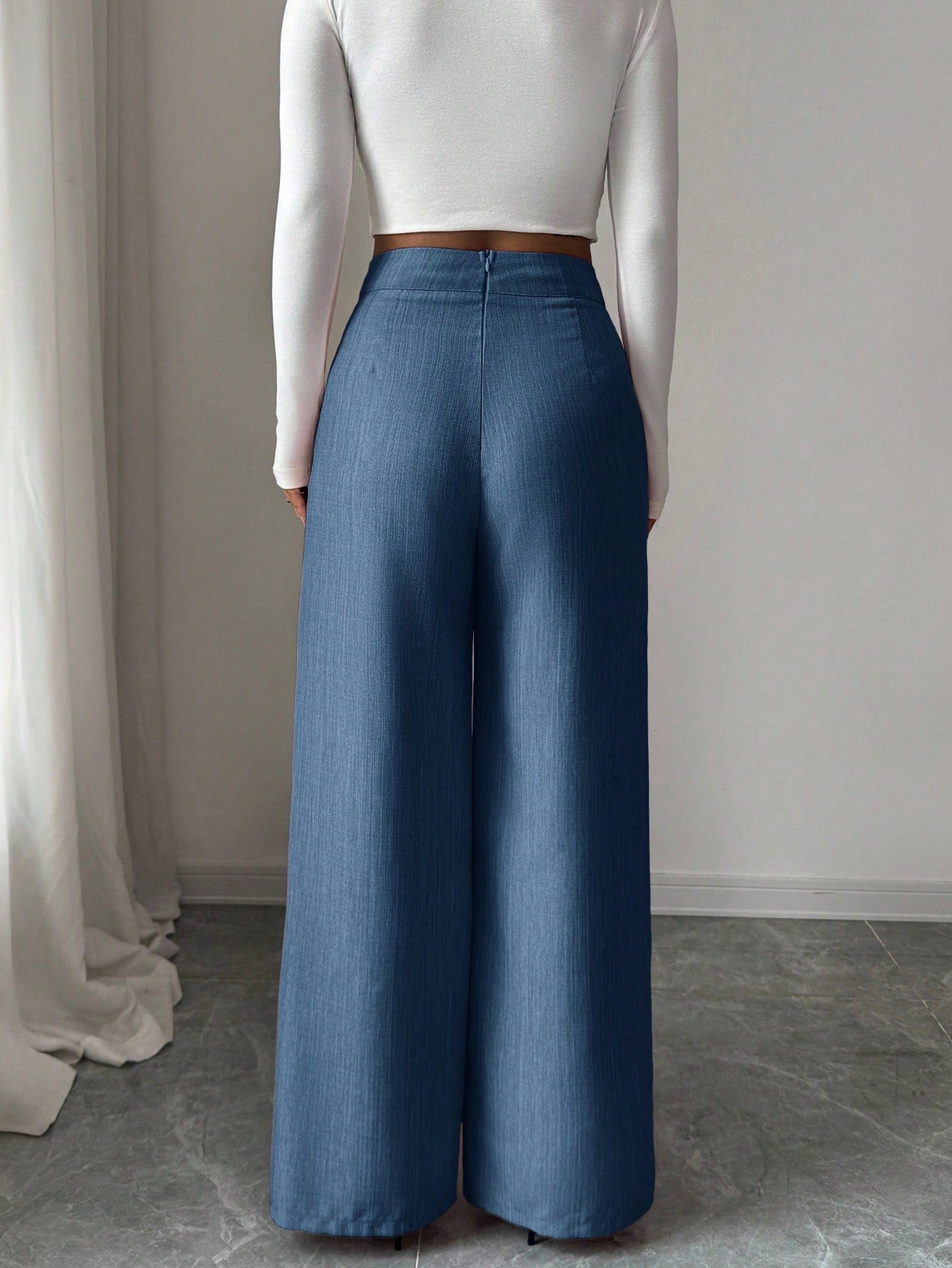 Elenzga Women's Dusty Blue Summer Casual Elegant Office Loose Flowy Straight Leg Pants,Bamboo Fabric Waist Overlay Button Decor Design Teacher Uniform Pants