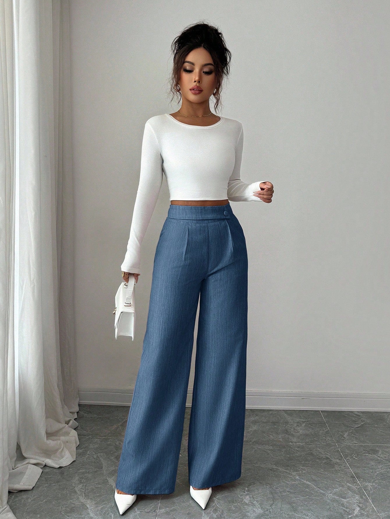 Elenzga Women's Dusty Blue Summer Casual Elegant Office Loose Flowy Straight Leg Pants,Bamboo Fabric Waist Overlay Button Decor Design Teacher Uniform Pants