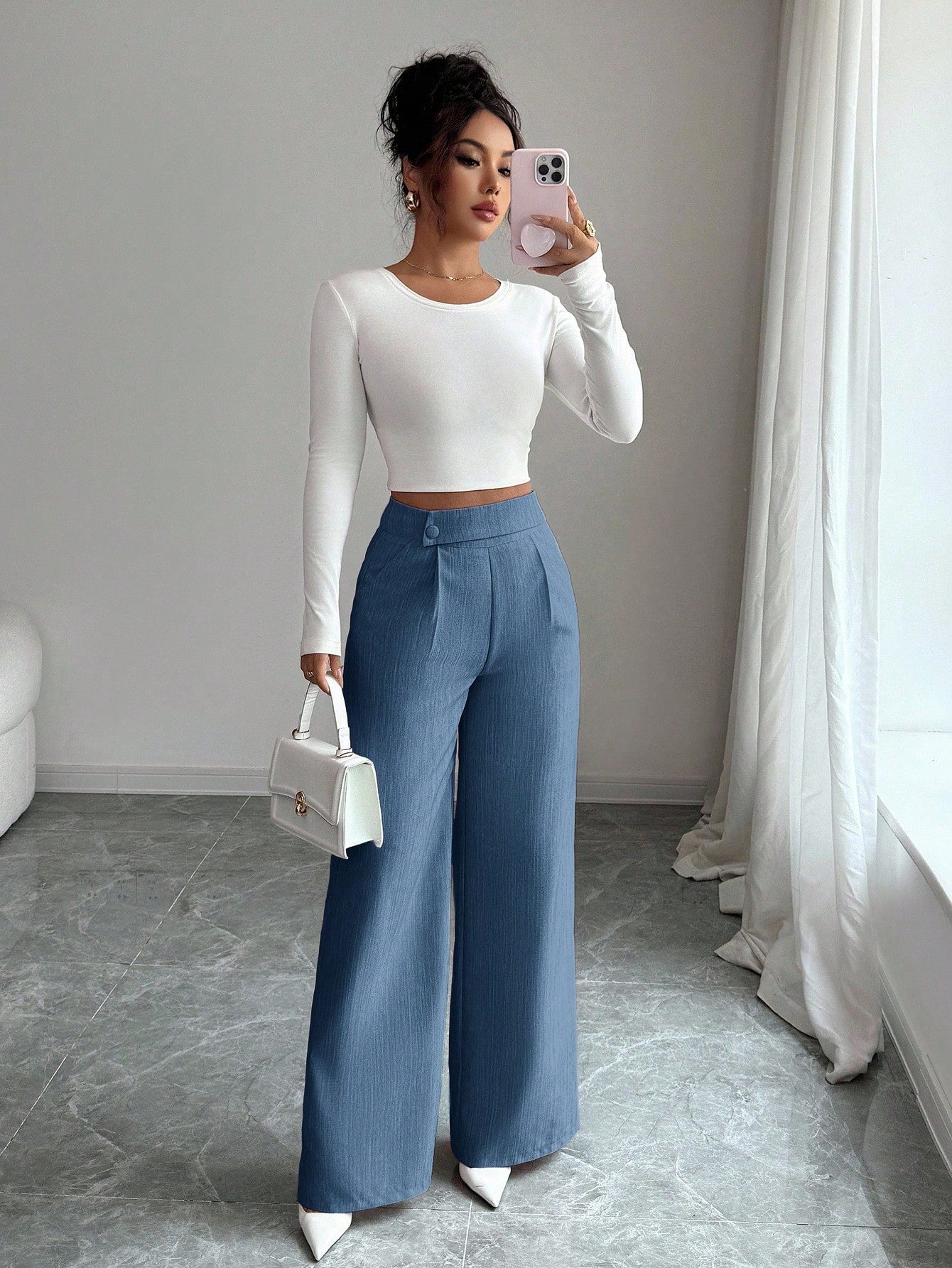 Elenzga Women's Dusty Blue Summer Casual Elegant Office Loose Flowy Straight Leg Pants,Bamboo Fabric Waist Overlay Button Decor Design Teacher Uniform Pants