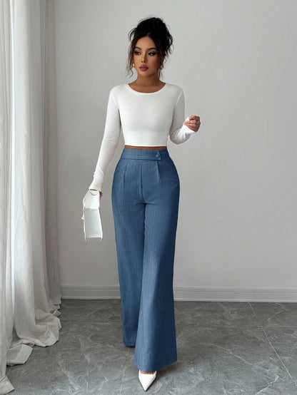Elenzga Women's Dusty Blue Summer Casual Elegant Office Loose Flowy Straight Leg Pants,Bamboo Fabric Waist Overlay Button Decor Design Teacher Uniform Pants