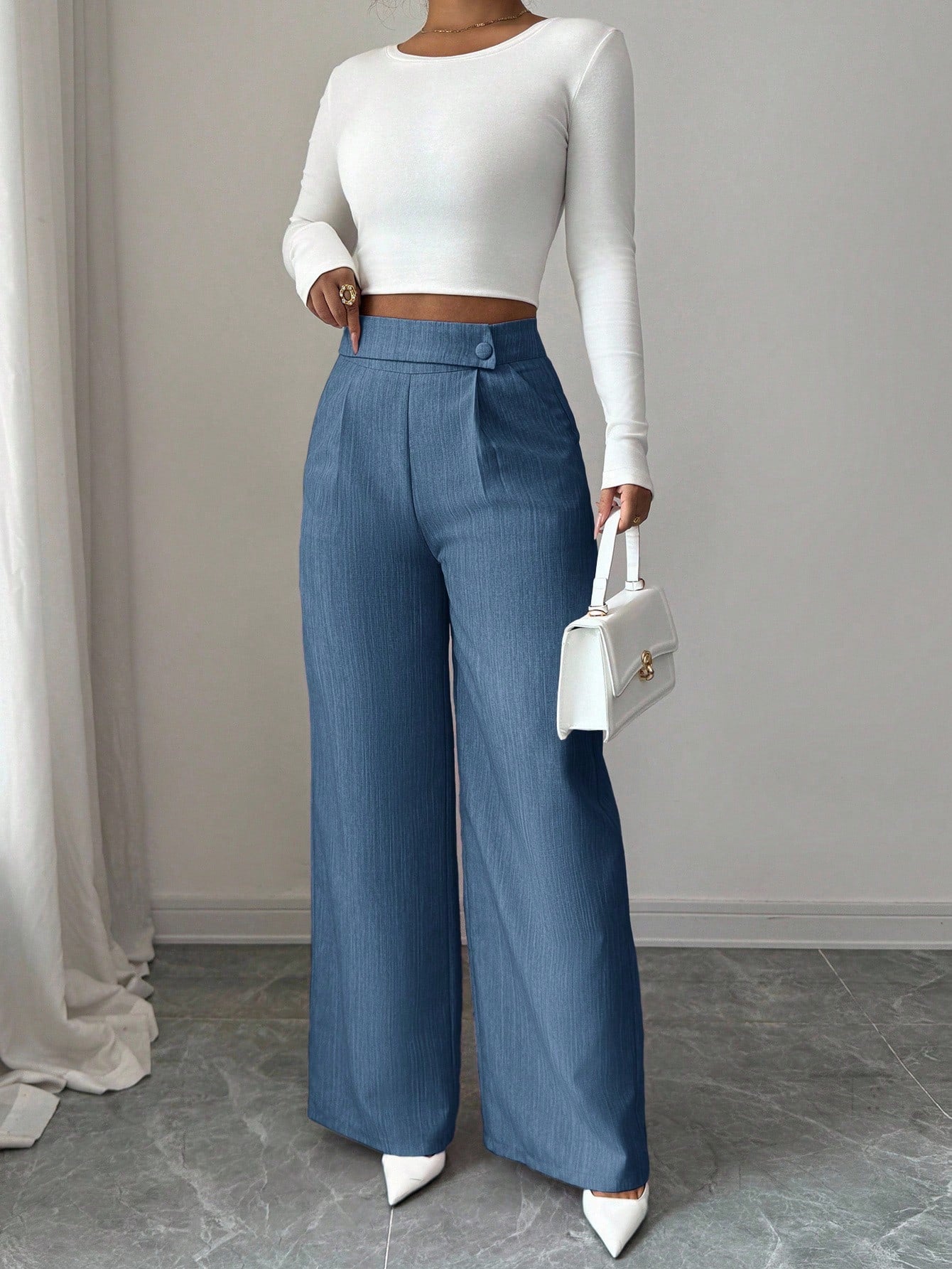 Elenzga Women's Dusty Blue Summer Casual Elegant Office Loose Flowy Straight Leg Pants,Bamboo Fabric Waist Overlay Button Decor Design Teacher Uniform Pants