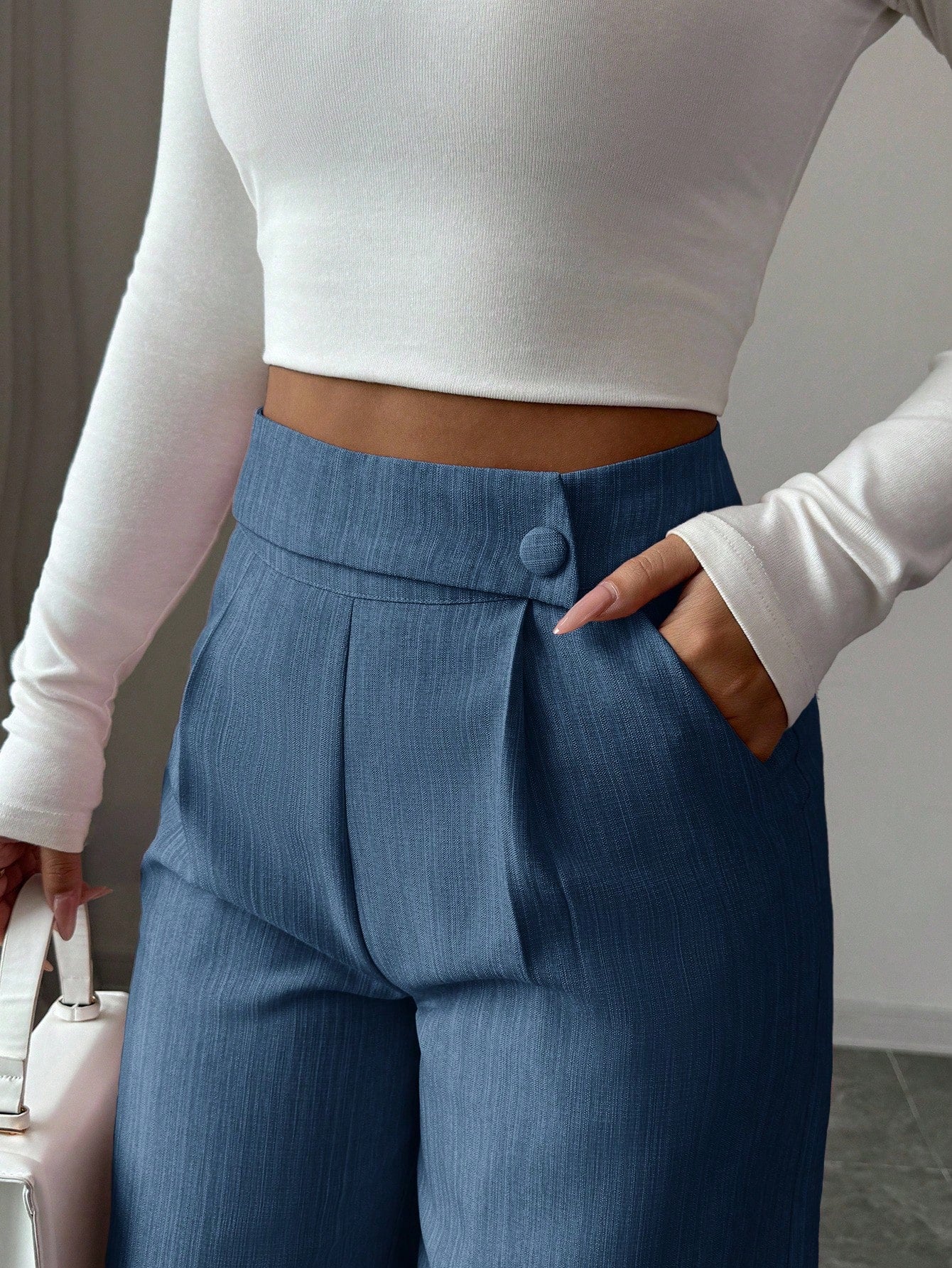 Elenzga Women's Dusty Blue Summer Casual Elegant Office Loose Flowy Straight Leg Pants,Bamboo Fabric Waist Overlay Button Decor Design Teacher Uniform Pants