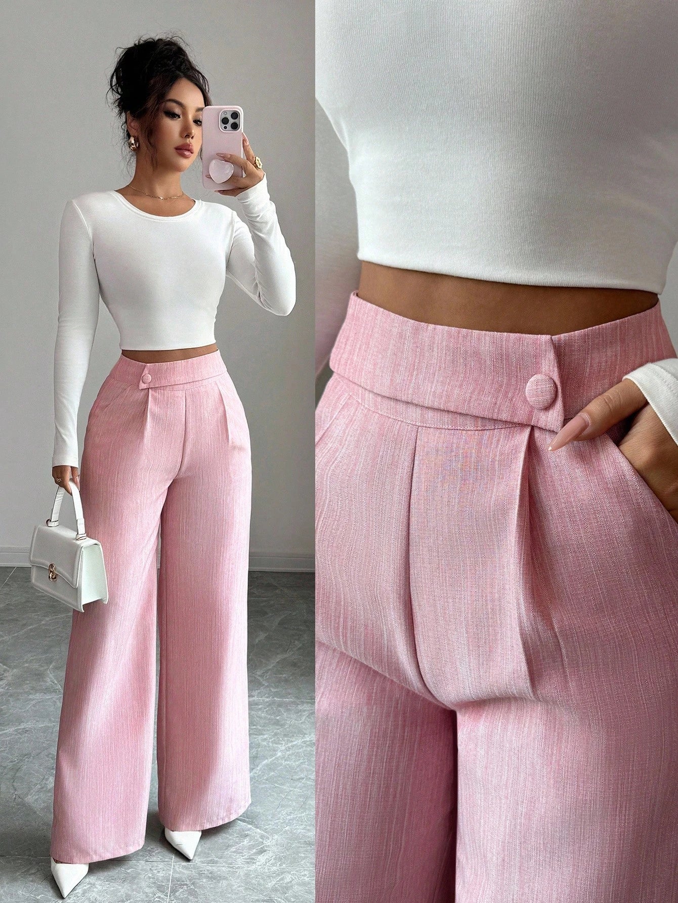 Elenzga Women's Dusty Blue Summer Casual Elegant Office Loose Flowy Straight Leg Pants,Bamboo Fabric Waist Overlay Button Decor Design Teacher Uniform Pants