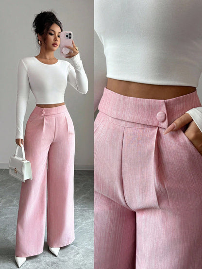 Elenzga Women's Dusty Blue Summer Casual Elegant Office Loose Flowy Straight Leg Pants,Bamboo Fabric Waist Overlay Button Decor Design Teacher Uniform Pants