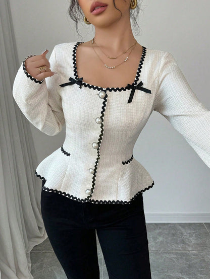 Elenzga Women's Elegant Contrast Trim Bow Decor Cinched Waist Blouse, Autumn Fall Cloth For Women