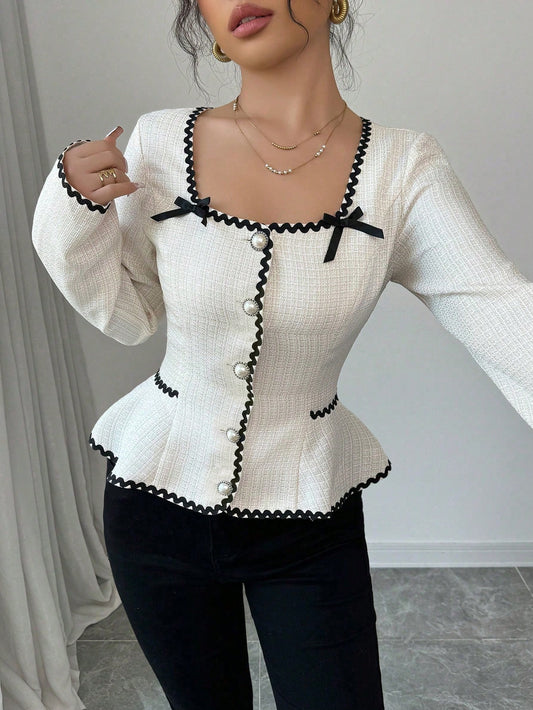 Elenzga Women's Elegant Contrast Trim Bow Decor Cinched Waist Blouse, Autumn Fall Cloth For Women