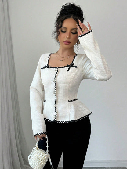 Elenzga Women's Elegant Contrast Trim Bow Decor Cinched Waist Blouse, Autumn Fall Cloth For Women