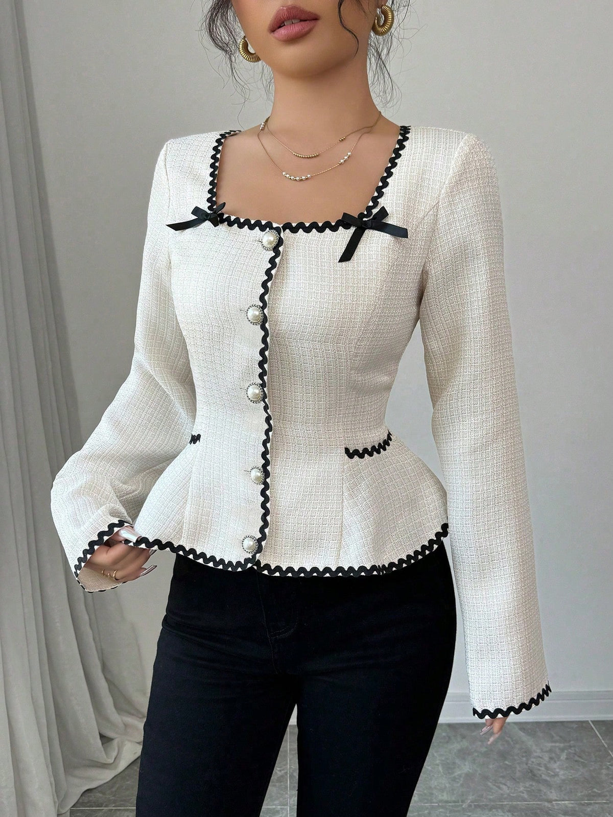 Elenzga Women's Elegant Contrast Trim Bow Decor Cinched Waist Blouse, Autumn Fall Cloth For Women