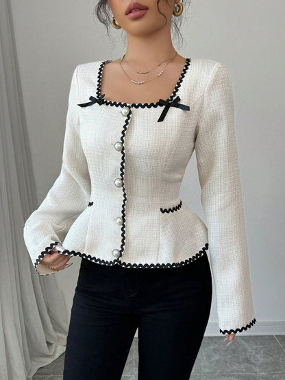 Elenzga Women's Elegant Contrast Trim Bow Decor Cinched Waist Blouse, Autumn Fall Cloth For Women