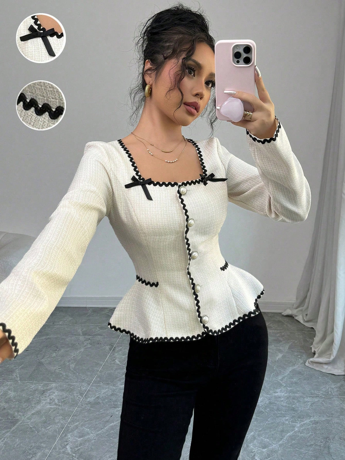 Elenzga Women's Elegant Contrast Trim Bow Decor Cinched Waist Blouse, Autumn Fall Cloth For Women