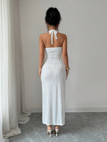 Elenzga Women's Elegant White Seductive Textured Backless Tie Dress,Pleated Halter Midi Bodycon Ruched Dress With Metal Decor,Slit Hem For Summer Date Party