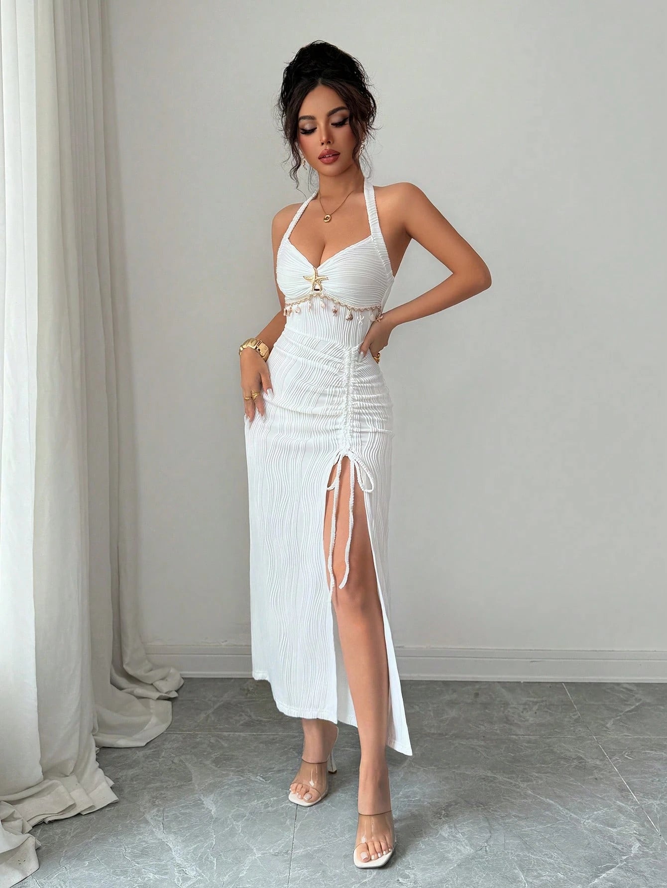 Elenzga Women's Elegant White Seductive Textured Backless Tie Dress,Pleated Halter Midi Bodycon Ruched Dress With Metal Decor,Slit Hem For Summer Date Party
