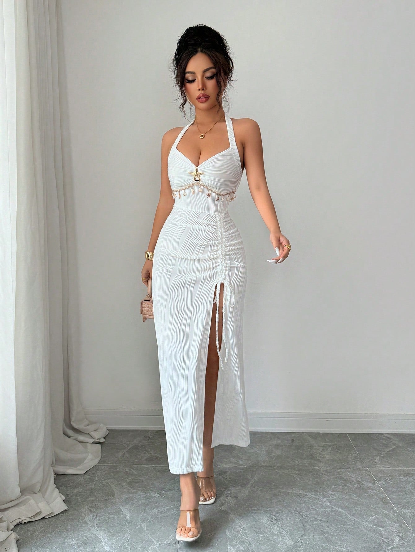 Elenzga Women's Elegant White Seductive Textured Backless Tie Dress,Pleated Halter Midi Bodycon Ruched Dress With Metal Decor,Slit Hem For Summer Date Party