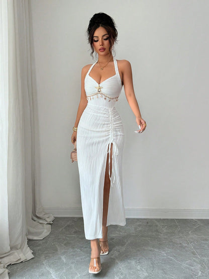 Elenzga Women's Elegant White Seductive Textured Backless Tie Dress,Pleated Halter Midi Bodycon Ruched Dress With Metal Decor,Slit Hem For Summer Date Party