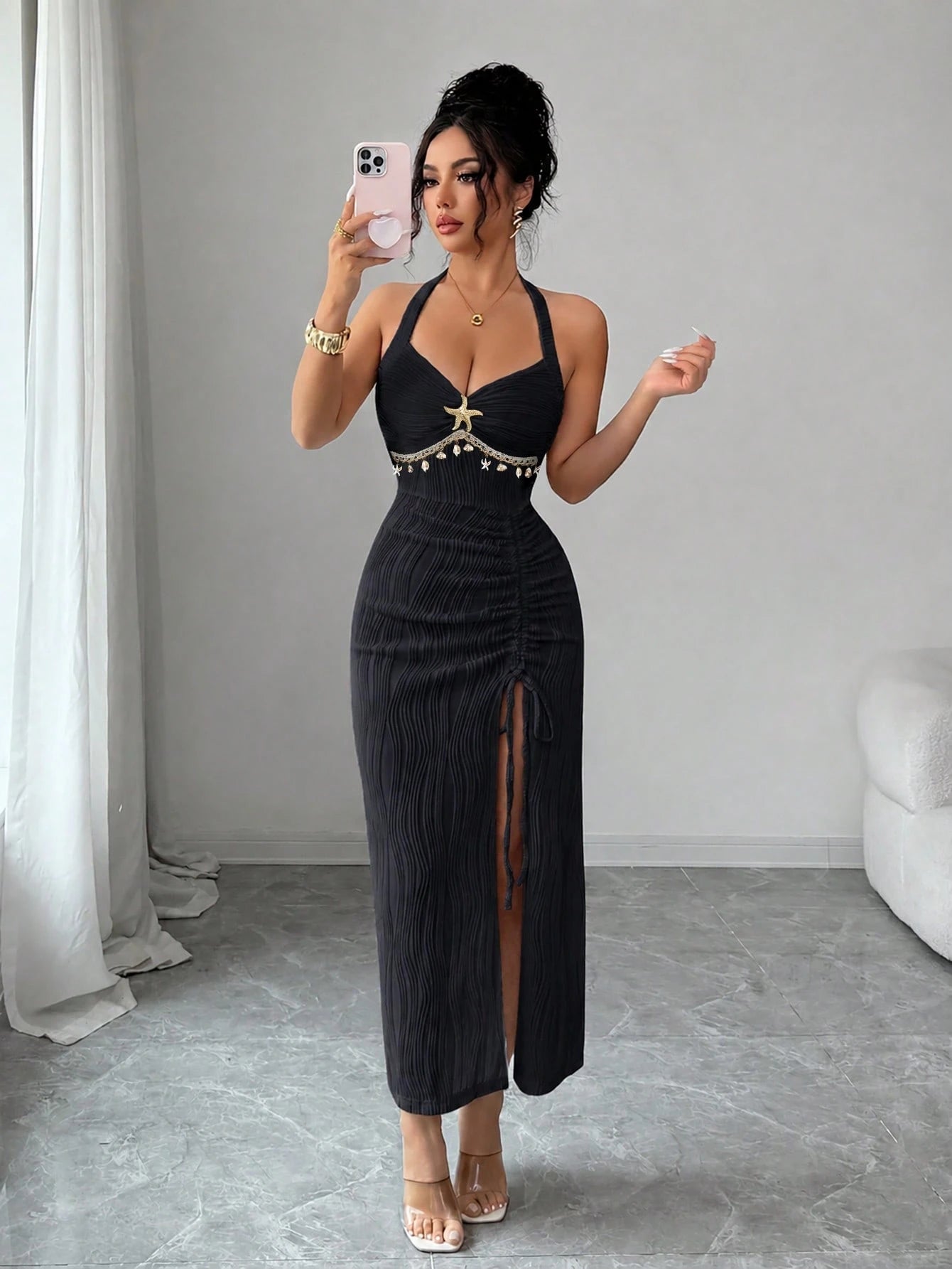 Elenzga Women's Elegant White Seductive Textured Backless Tie Dress,Pleated Halter Midi Bodycon Ruched Dress With Metal Decor,Slit Hem For Summer Date Party